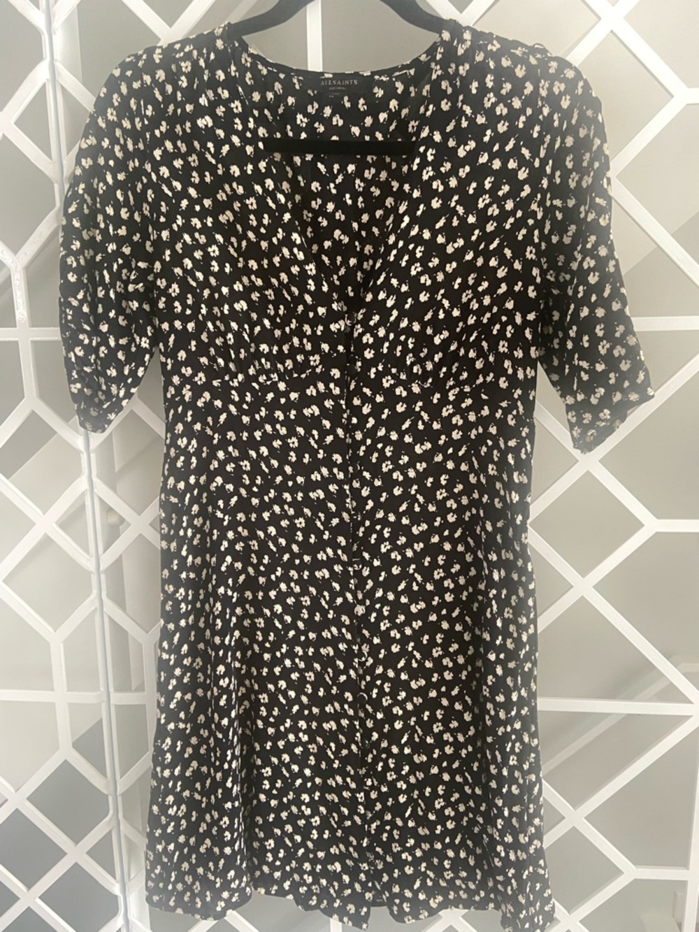 ALLSAINTS Kota Scatter Print Mini Dress Medium Black Cream Viscose Summer EUC - Picture 2 of 7